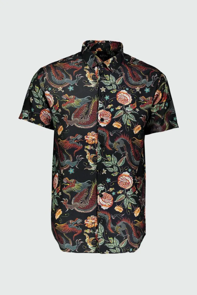 Outlet boohooMAN Dragon Print Short Sleeve Shirt black