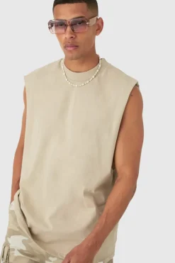 Online boohooMAN Drop Armhole Extended Neck Heavyweight Tank stone