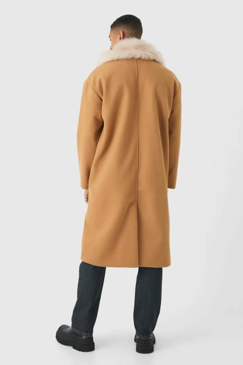 Cheap boohooMAN Drop Shoulder Overcoat With Removeable Faux Fur Trim In camel
