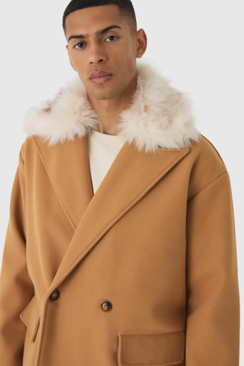 Cheap boohooMAN Drop Shoulder Overcoat With Removeable Faux Fur Trim In camel
