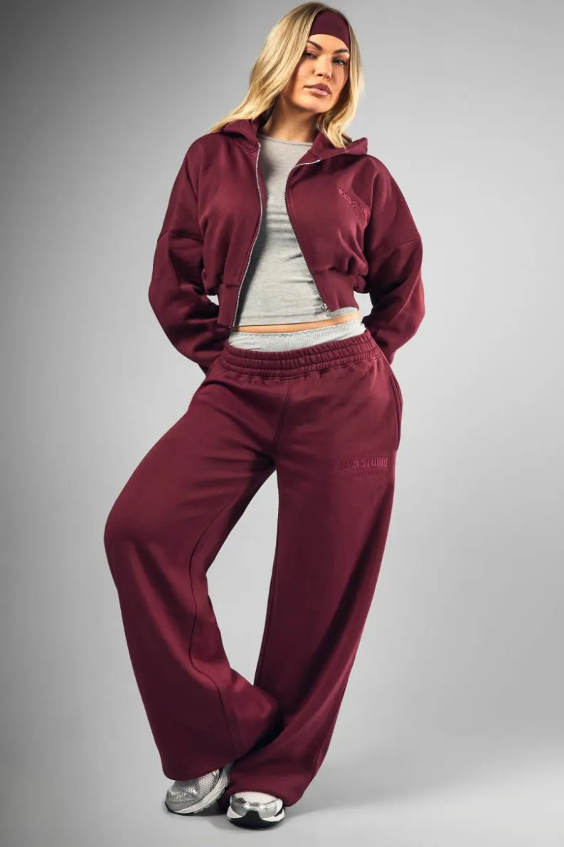 Sale boohoo Dsgn Studio Applique Boxy Crop Zip Through Hoodie burgundy
