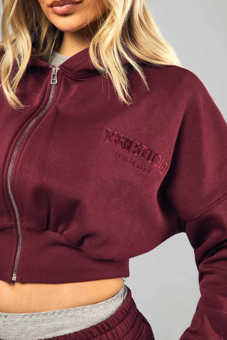 Sale boohoo Dsgn Studio Applique Boxy Crop Zip Through Hoodie burgundy