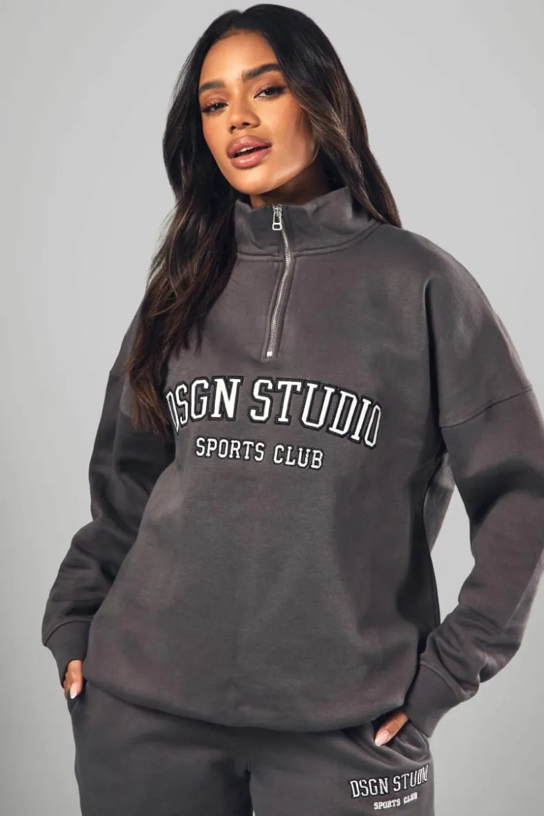Cheap boohoo Dsgn Studio Applique Oversized Half Zip Sweatshirt charcoal