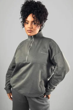 Store boohoo Dsgn Studio Embroidered Half Zip Oversized Sweatshirt charcoal