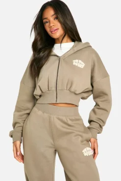 Best Sale boohoo Dsgn Studio Sport Bubble Zip Through Boxy Crop Hoodie washed khaki