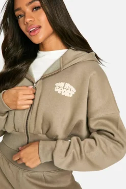 Best Sale boohoo Dsgn Studio Sport Bubble Zip Through Boxy Crop Hoodie washed khaki