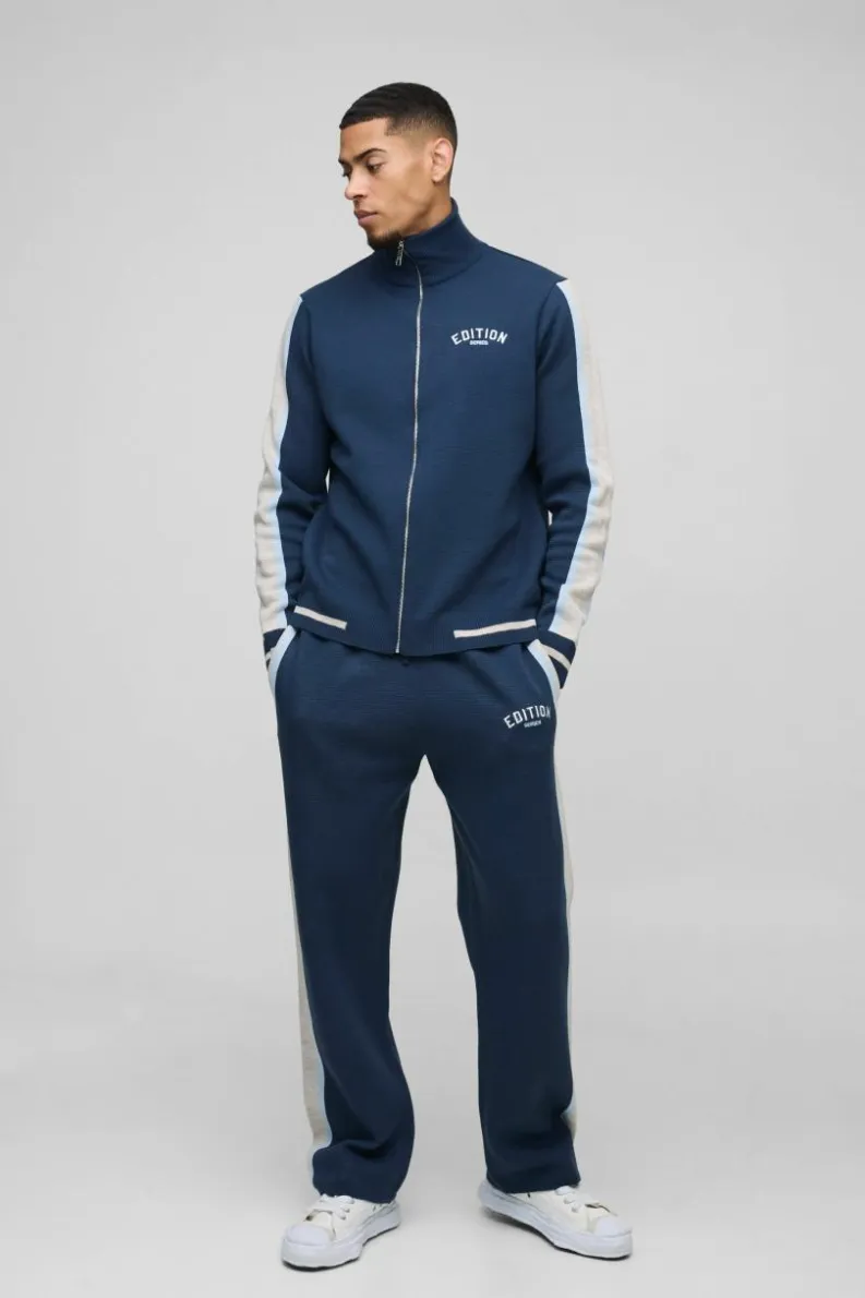 Fashion boohoo Edition Contrast Stripe Zip Up Knitted Tracksuit blue