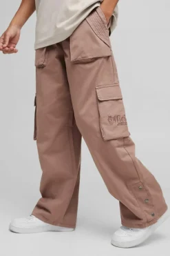 Cheap boohooMAN Elasticated Waist Baggy Brushed Twill Embroidery Cargo Trousers taupe
