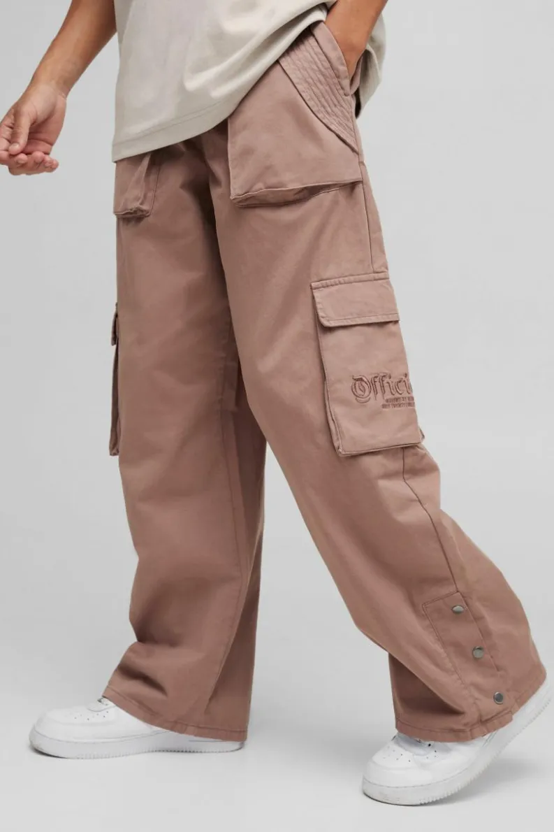 Cheap boohooMAN Elasticated Waist Baggy Brushed Twill Embroidery Cargo Trousers taupe