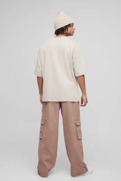 Cheap boohooMAN Elasticated Waist Baggy Brushed Twill Embroidery Cargo Trousers taupe