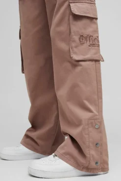 Cheap boohooMAN Elasticated Waist Baggy Brushed Twill Embroidery Cargo Trousers taupe