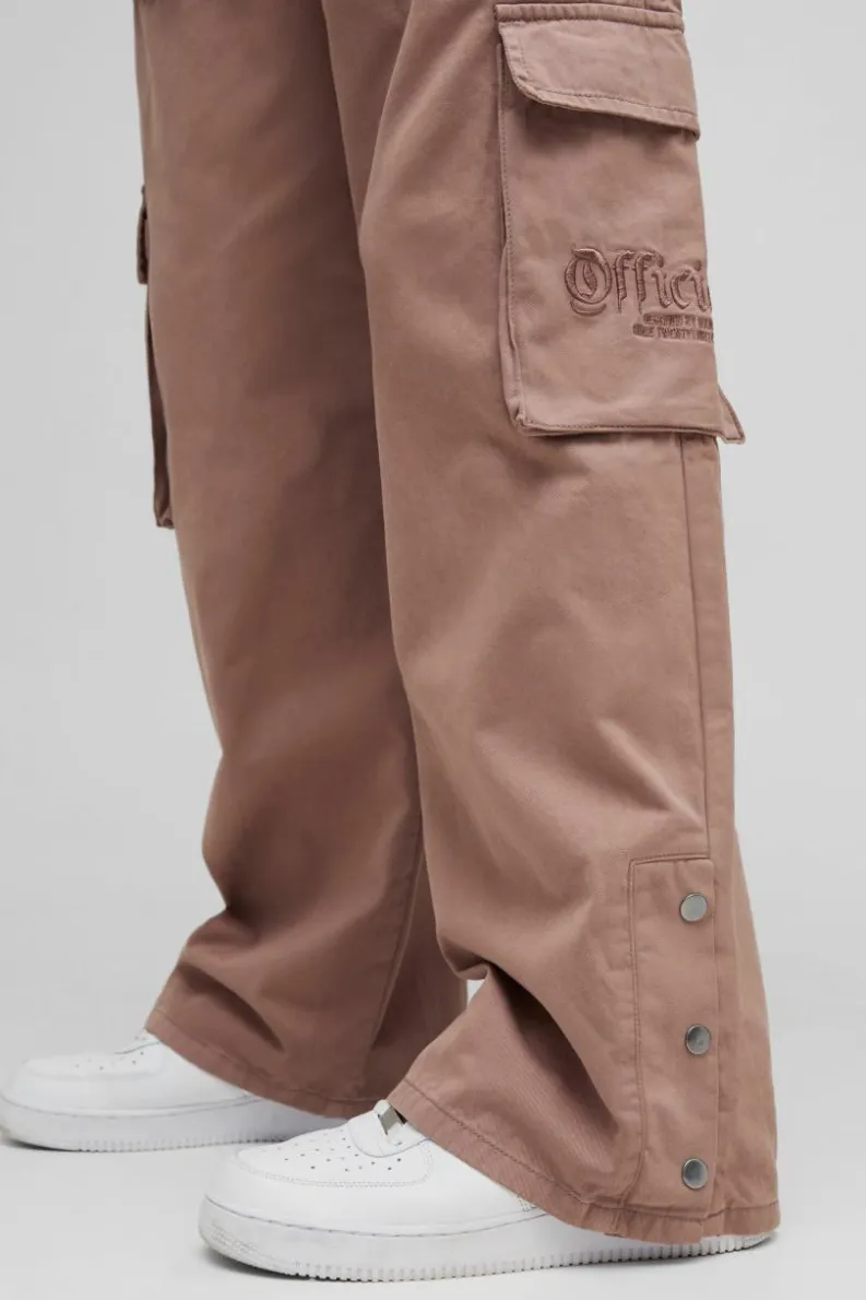 Cheap boohooMAN Elasticated Waist Baggy Brushed Twill Embroidery Cargo Trousers taupe