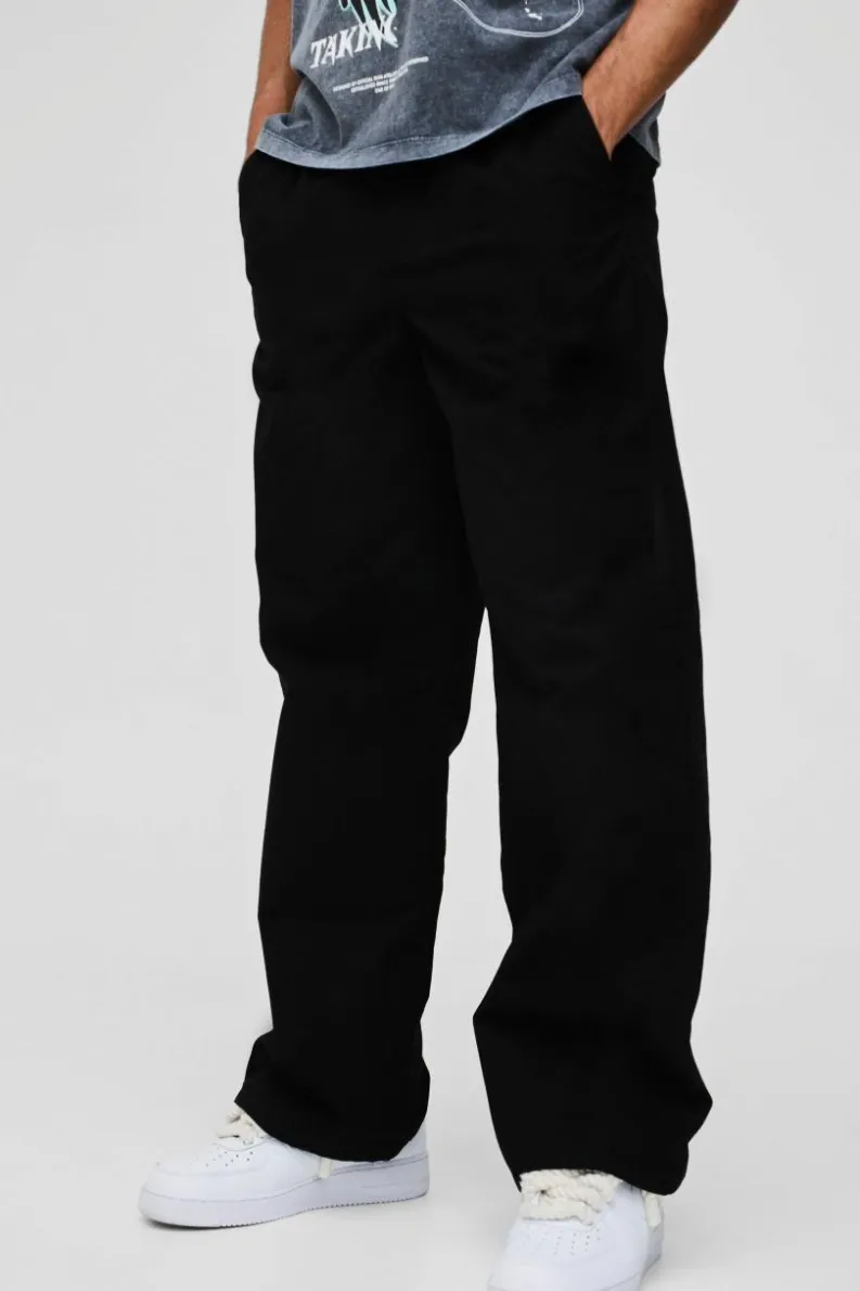 Hot boohooMAN Elasticated Waist Baggy Peached Twill Trousers black