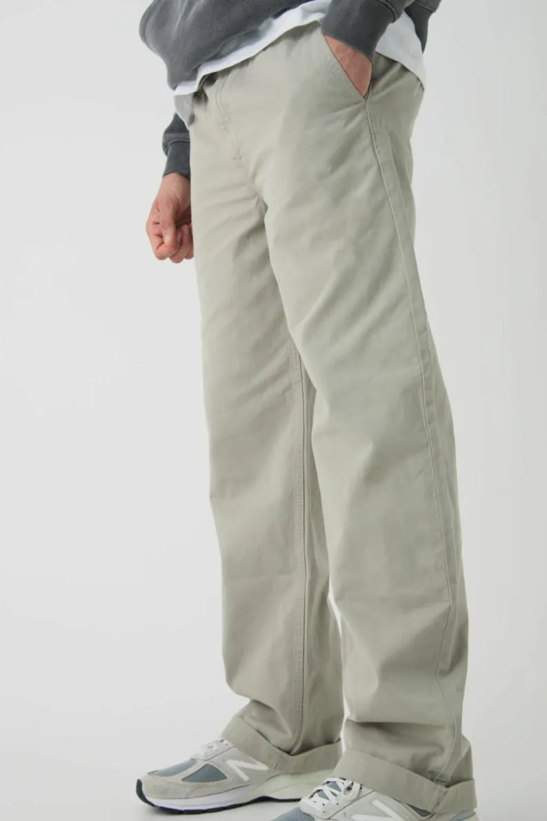 Online boohooMAN Elasticated Waist Baggy Turn Up Hem Chino Trousers light khaki