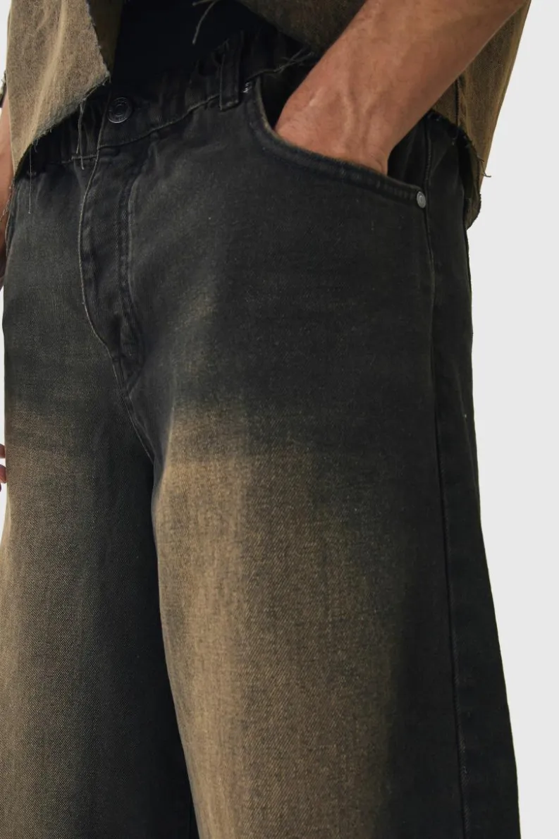 Clearance boohooMAN Elasticated Waist Extreme Baggy Rigid Tinted Wash Jeans brown
