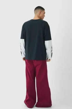 Cheap boohooMAN Elasticated Waist Extreme Baggy Twill Waistband Detail Trousers burgundy