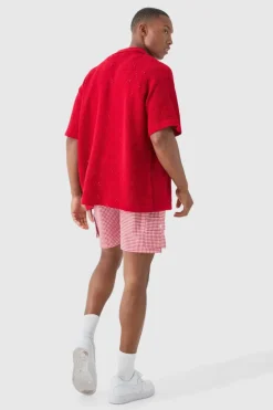 Sale boohooMAN Elasticated Waist Gingham Check Linen Look Relaxed Short In red