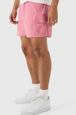 Cheap boohooMAN Elasticated Waist Pinstripe Linen Look Short In red