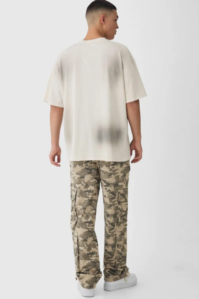 Discount boohooMAN Elasticated Waist Relaxed Stacked Camo Cargo Trousers khaki