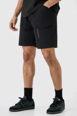 Hot boohooMAN Elasticated Waist Relaxed Technical Stretch Cargo With Zip black
