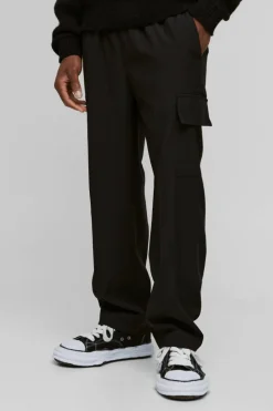 Clearance boohooMAN Elasticated Waist Straight Cropped Tailored Cargo Trousers black