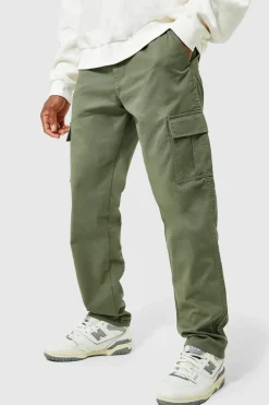 Hot boohooMAN Elasticated Waist Straight Leg Twill Cargo Trouser khaki