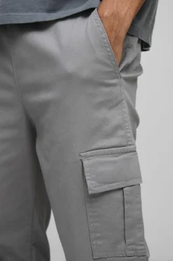 Sale boohooMAN Elasticated Waist Straight Leg Cargo Trouser grey