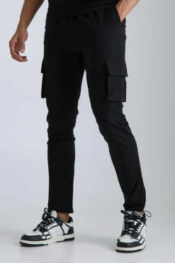 Fashion boohooMAN Elasticated Waist Technical Stretch Skinny Cargo Trouser black