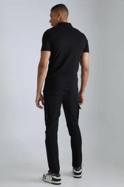Fashion boohooMAN Elasticated Waist Technical Stretch Skinny Cargo Trouser black
