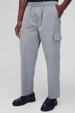 Online boohooMAN Elastic Waist Straight Leg Tailored Cargo Trousers grey