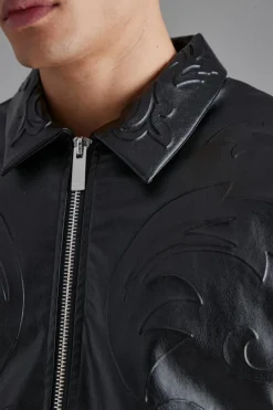 Store boohooMAN Embossed Pu Baroque Boxy Bomber Jacket black