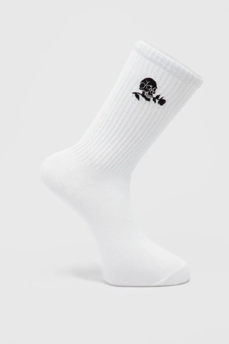 Shop boohooMAN Embroidered Skull And Rose Tube Sock white