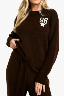 Cheap boohoo Embroidered Star Detail Oversized Crew Neck Knitted Jumper And Wide Leg Trouser Tracksuit choc brown