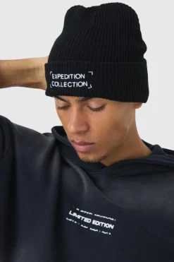 Best boohooMAN Expedition Collection Embroidered Beanie In black