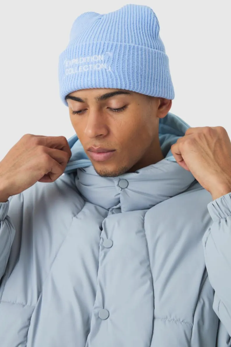Online boohooMAN Expedition Collection Embroidered Beanie In blue