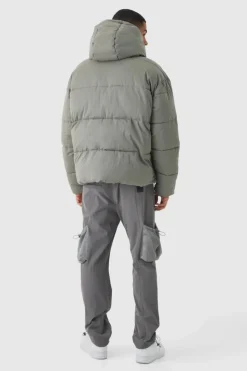 Hot boohooMAN Extended Funnel Neck Hooded Puffer In grey