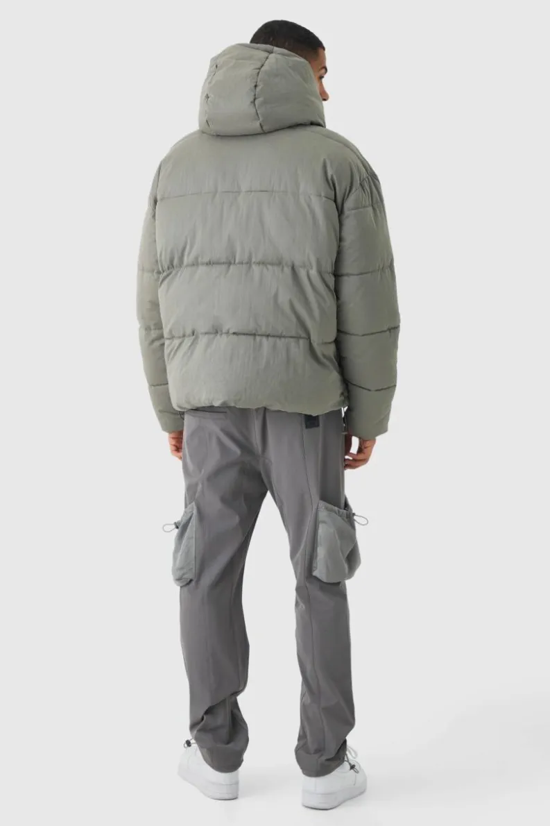 Hot boohooMAN Extended Funnel Neck Hooded Puffer In grey