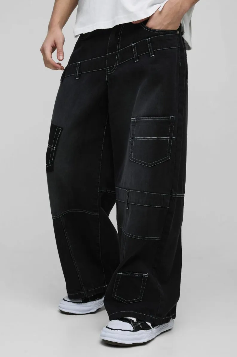 Online boohooMAN Extreme Baggy Panelled Deconstructed Jeans washed black