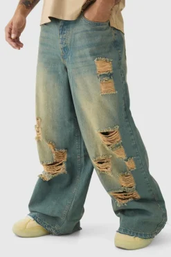 Fashion boohooMAN Extreme Baggy Rigid All Over Ripped Jeans light blue