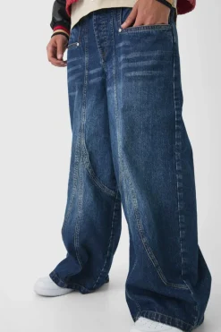 Cheap boohooMAN Extreme Baggy Rigid Panelled Tinted Denim Jeans antique blue
