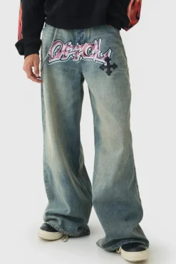 Best boohooMAN Extreme Baggy Rigid Pu Cross Applique Washed Jeans light blue