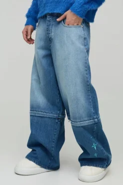 Cheap boohooMAN Extreme Baggy Rigid Zip Off Leg Cross Embroidery Denim Jeans light blue