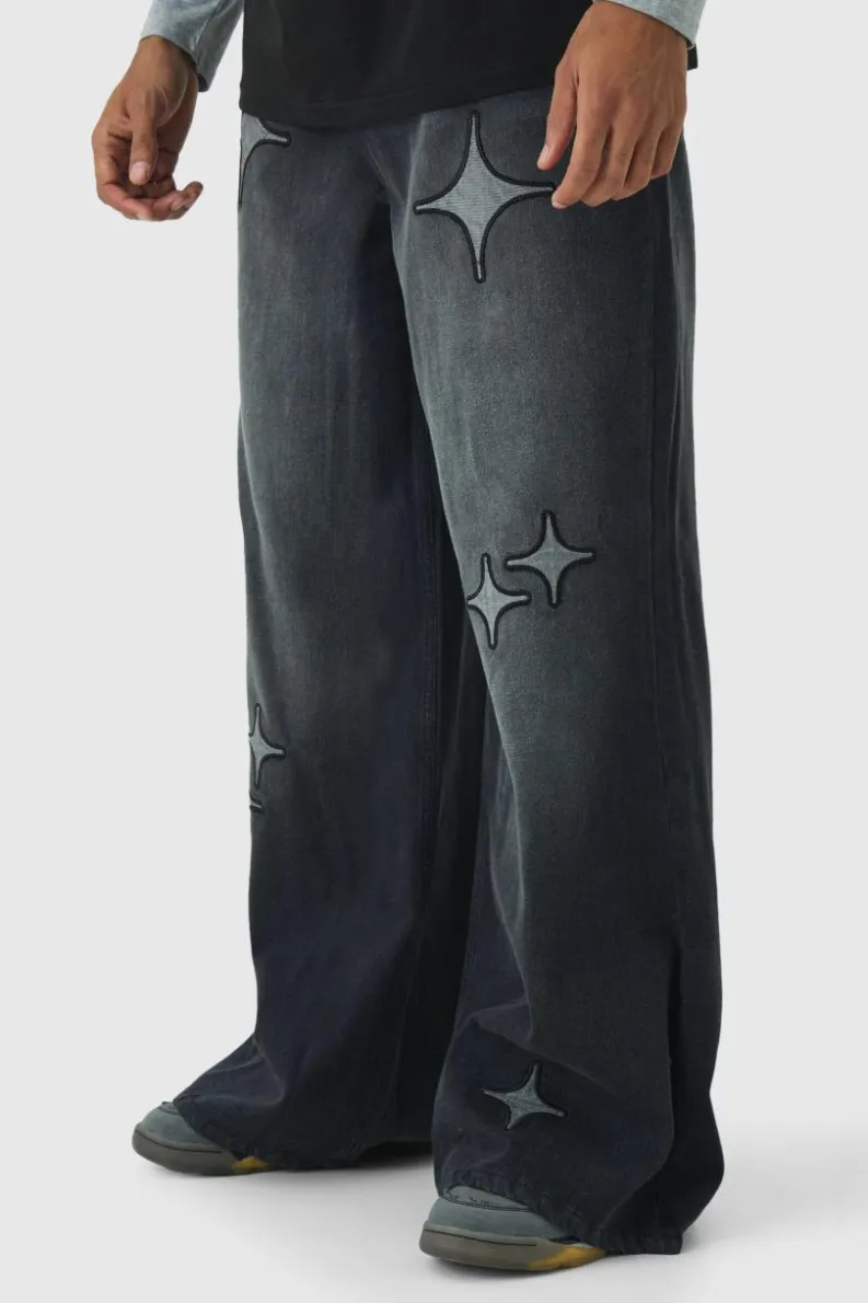 Sale boohooMAN Extreme Baggy Star Applique Jeans washed black