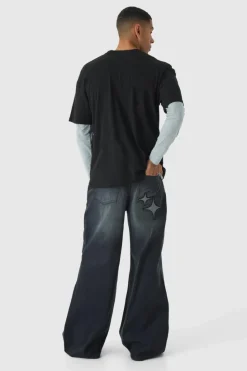 Sale boohooMAN Extreme Baggy Star Applique Jeans washed black
