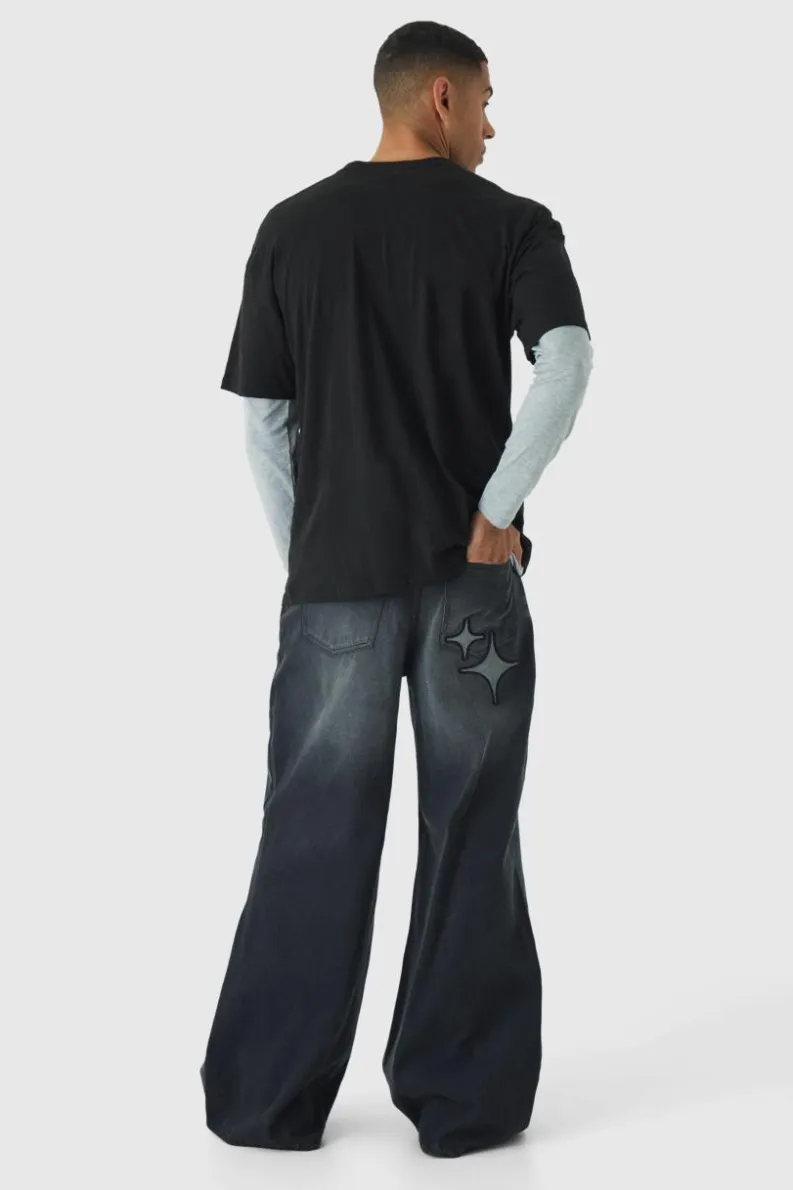 Sale boohooMAN Extreme Baggy Star Applique Jeans washed black