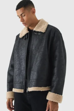 Hot boohooMAN Extreme Oversized Faux Suede Aviator Jacket In black