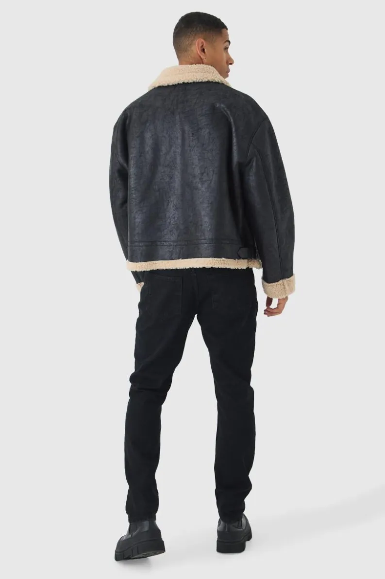 Hot boohooMAN Extreme Oversized Faux Suede Aviator Jacket In black