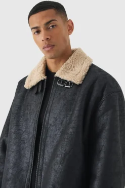 Hot boohooMAN Extreme Oversized Faux Suede Aviator Jacket In black