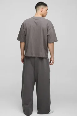 Hot boohooMAN Extreme Wide Leg Carpenter Stitching Detail Joggers charcoal