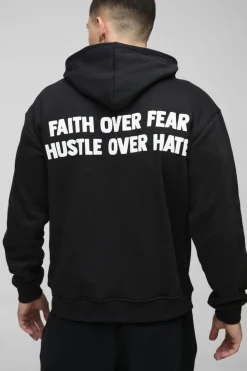Cheap boohooMAN Faith Over Fear Text Puff Print Graphic Hoodie black